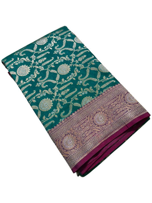 Southloom Pure Banarasi Silk Saree with Woven Work on Body and Borders (Peacock Green & Magenta)