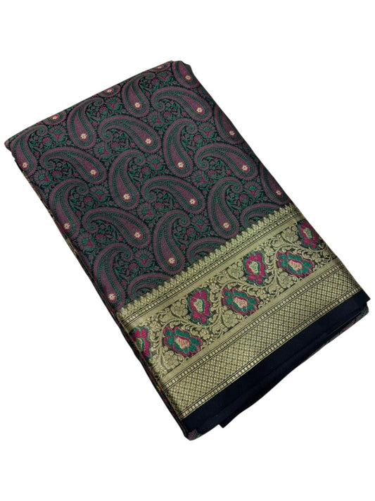 Southloom Resham Work Soft Cotton Banarasi Saree with Woven Work on Body and Borders (Black)