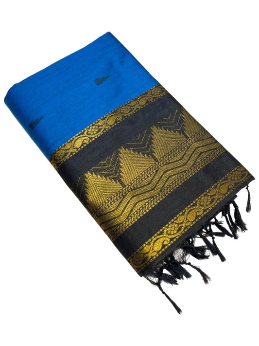 Southloom Kalyani Cotton Saree In Blue And Black With Woven Work on the Body and Borders