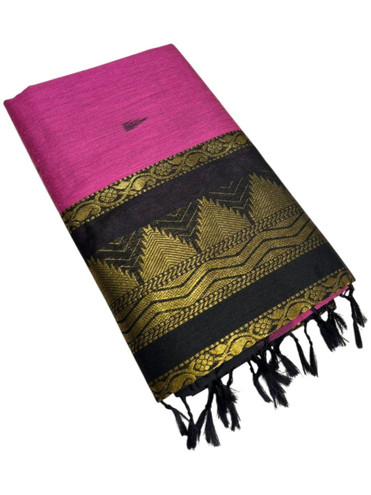 Southloom Kalyani Cotton Saree In Pink And Black With Woven Work on the Body and Borders