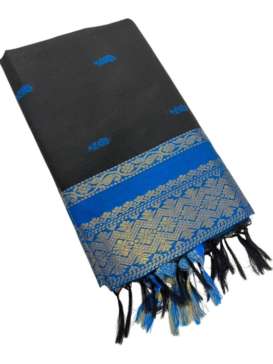 Southloom Kalyani Cotton Saree In Black And Blue With Woven Work on the Body and Borders