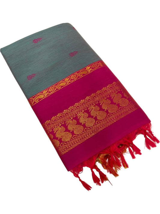 Southloom Kalyani Cotton Saree In Grey And Magenta With Woven Work on the Body and Borders