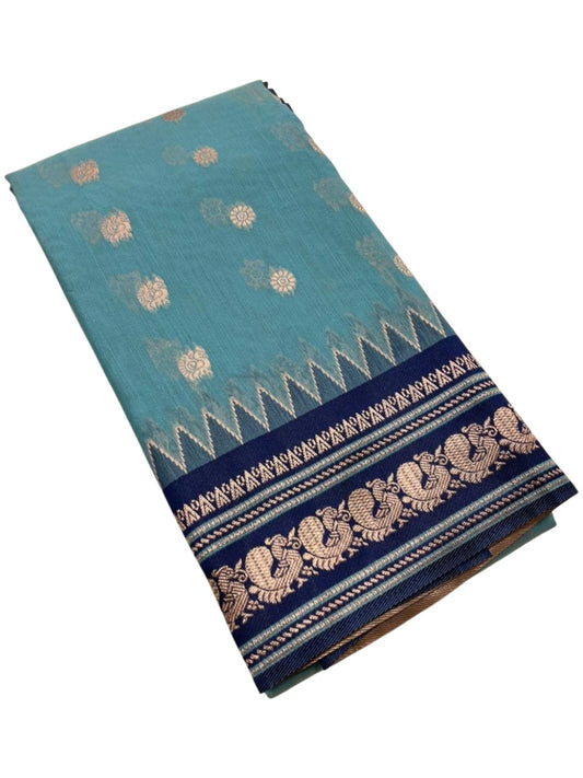 Southloom Kerala Cotton Silk With Woven Work On the Body With Turquoise Blue