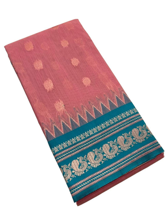 Southloom Kerala Cotton Silk With Woven Work On the Body With Pink And Turquoise Blue