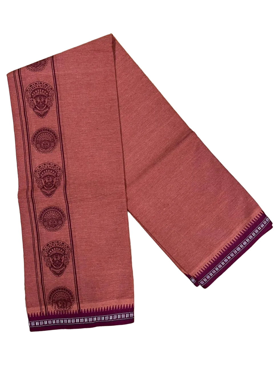 Southloom Saffron (Kaavi) Maroon Printed Single Mundu / Lungi (South Indian Kerala Dhoti)