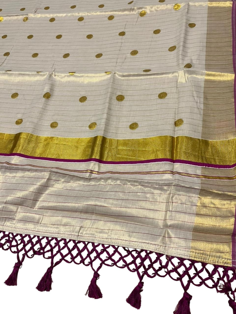 Southloom Kerala Tissue Kasavu Saree with Gold Polka Embroidery Works on Body in Magenta