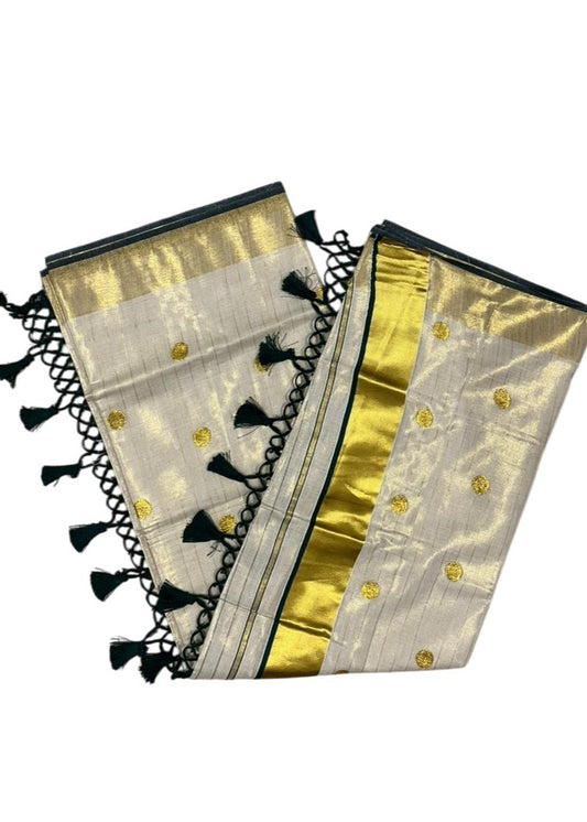Southloom Kerala Tissue Kasavu Saree with Gold Polka Embroidery Works on Body in Green
