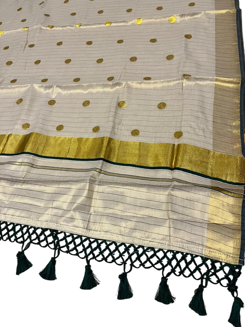 Southloom Kerala Tissue Kasavu Saree with Gold Polka Embroidery Works on Body in Green