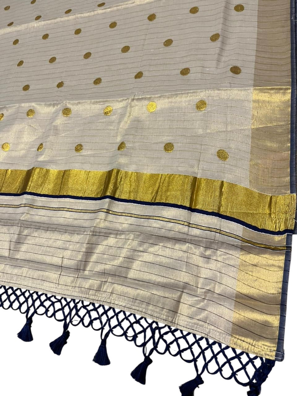 Southloom Kerala Tissue Kasavu Saree with Gold Polka Embroidery Works on Body in Navy Blue