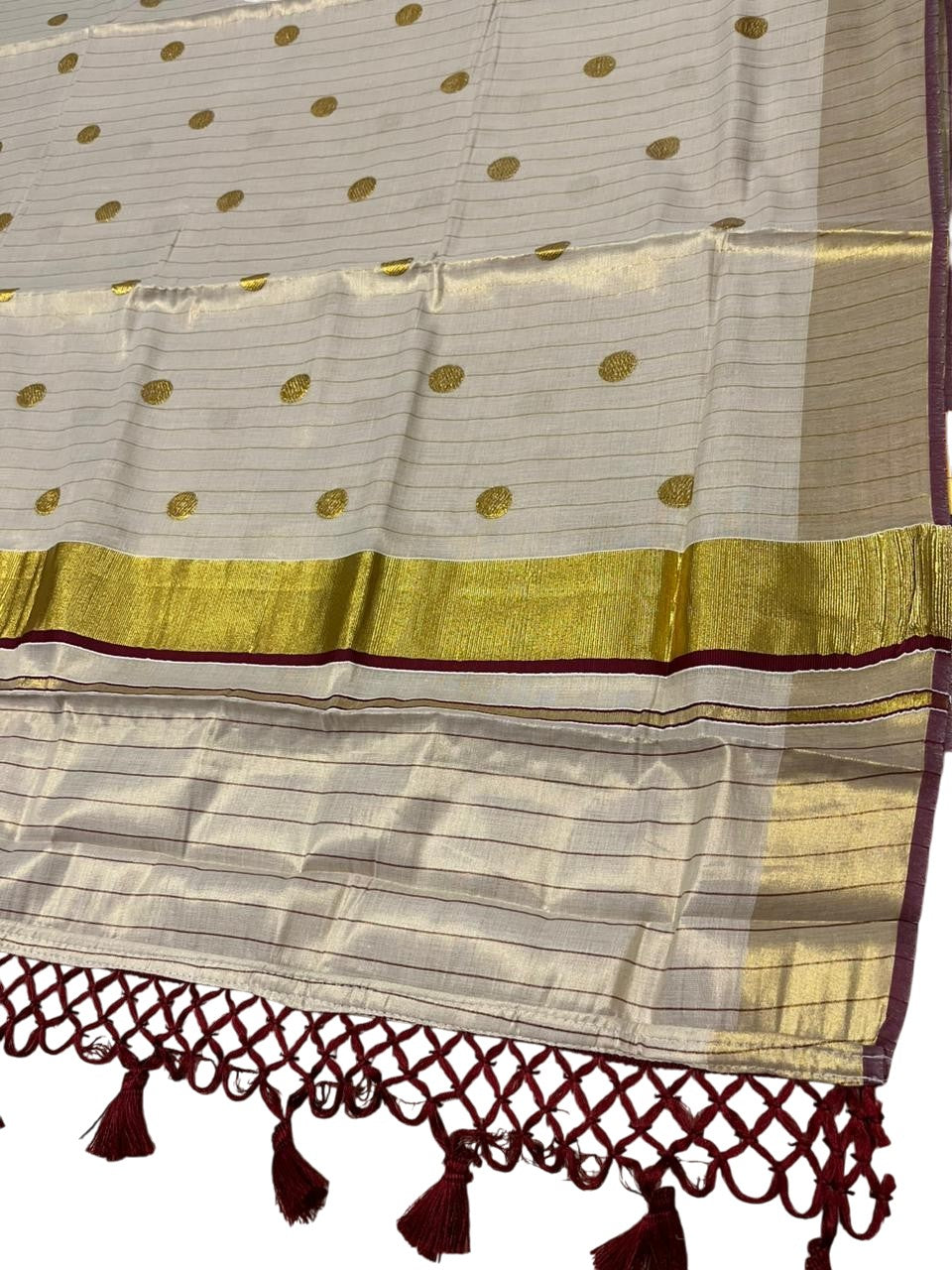 Southloom Kerala Tissue Kasavu Saree with Gold Polka Embroidery Works on Body in Maroon