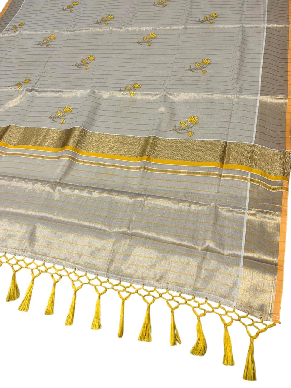 Southloom Kerala Tissue Saree With Yellow Floral Embroidery Design SL249