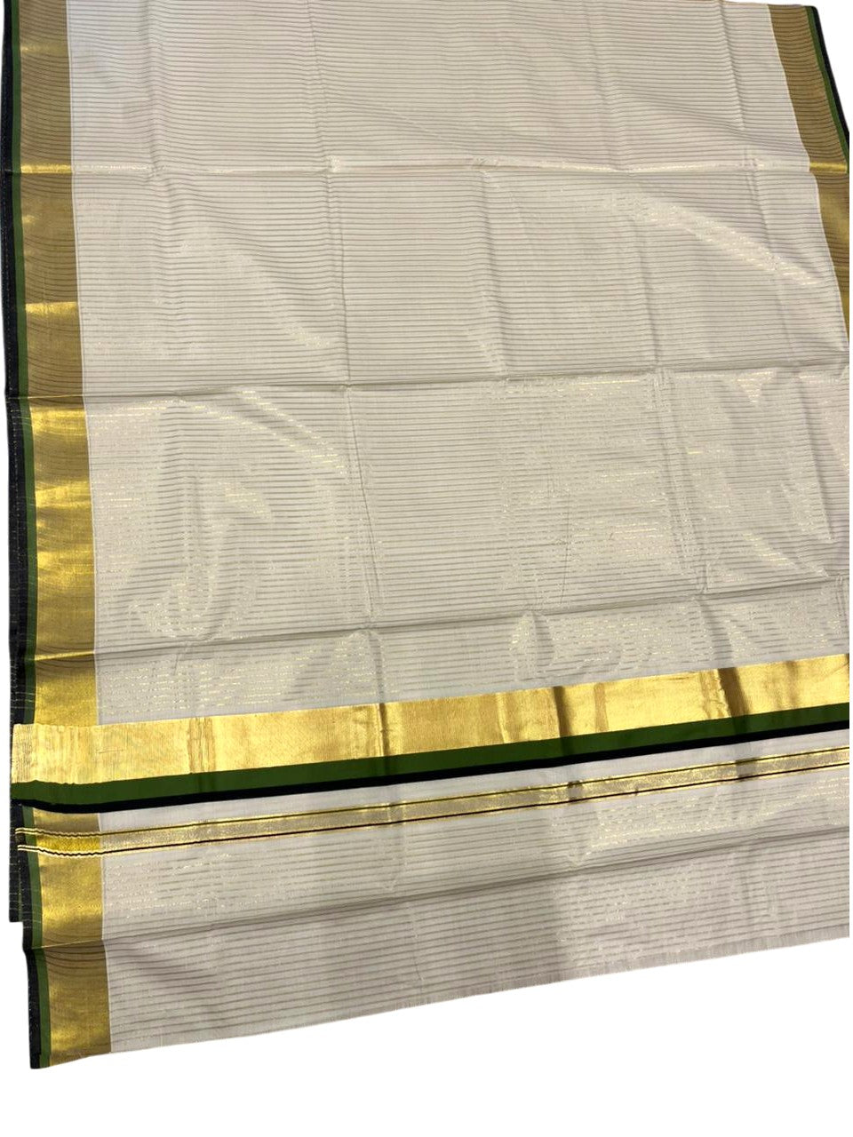 Southloom Kerala Cotton Kasavu Saree with Stripes on Body In Olive Green And Black Border