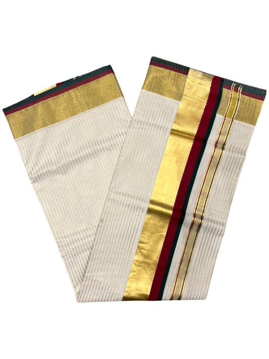 Southloom Kerala Cotton Kasavu Saree with Stripes on Body In Maroon And Green Border