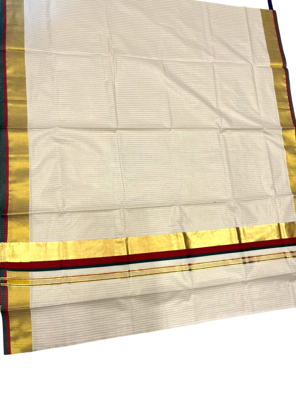 Southloom Kerala Cotton Kasavu Saree with Stripes on Body In Maroon And Green Border