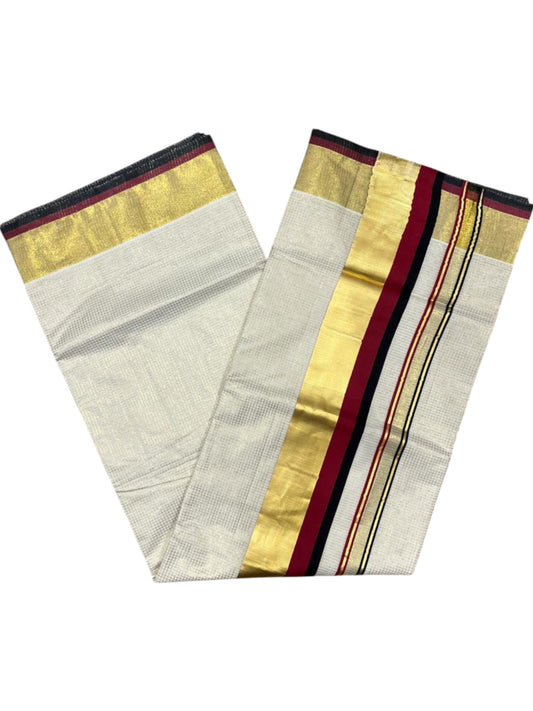 Southloom Kerala Cotton Kasavu Saree with Micro Check on Body In Red And Black Border SL347