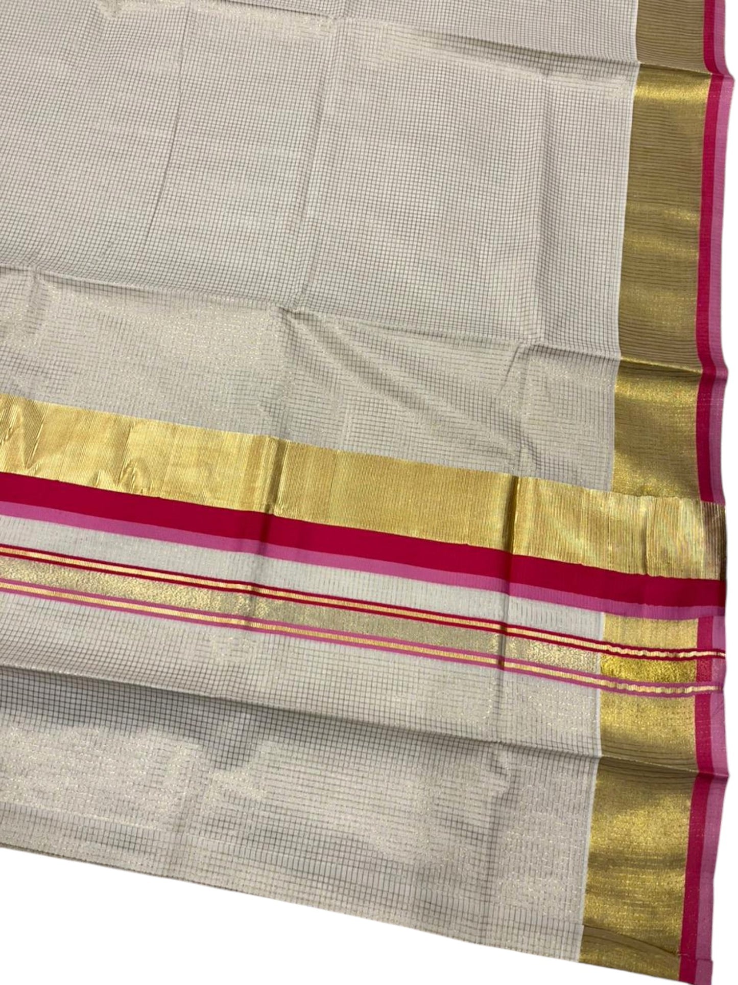 Southloom Kerala Cotton Kasavu Saree with Micro Check on Body In Pink And Magenta Border SL347