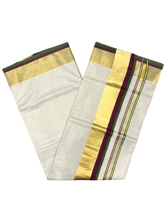 Southloom Kerala Cotton Kasavu Saree with Micro Check on Body In Purple And Olive Green Border SL347
