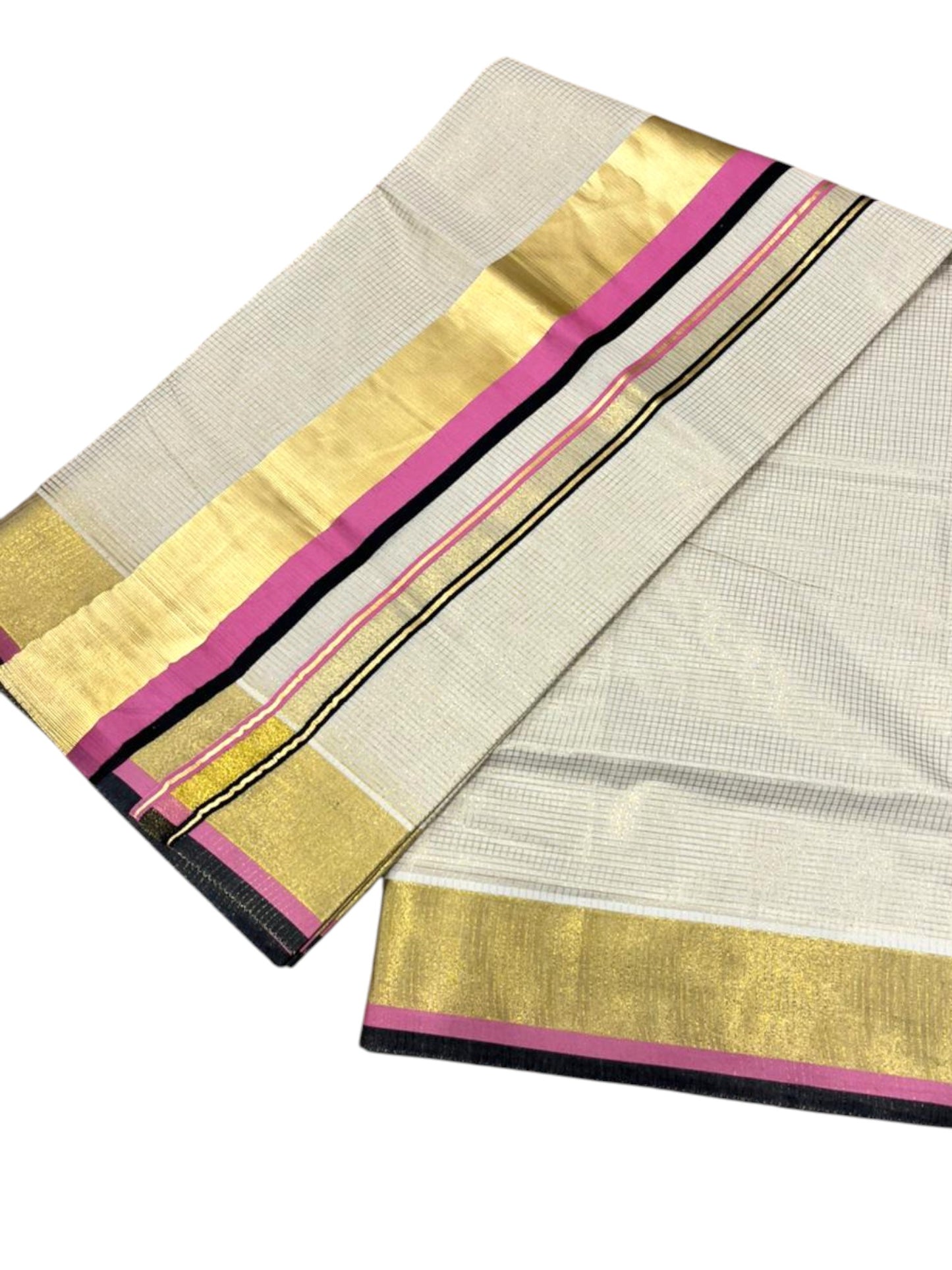 Southloom Kerala Cotton Kasavu Saree with Micro Check on Body In Pink And Black Border SL347