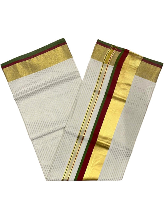 Southloom Kerala Cotton Kasavu Saree with Stripes on Body In Maroon And Olive Green Border