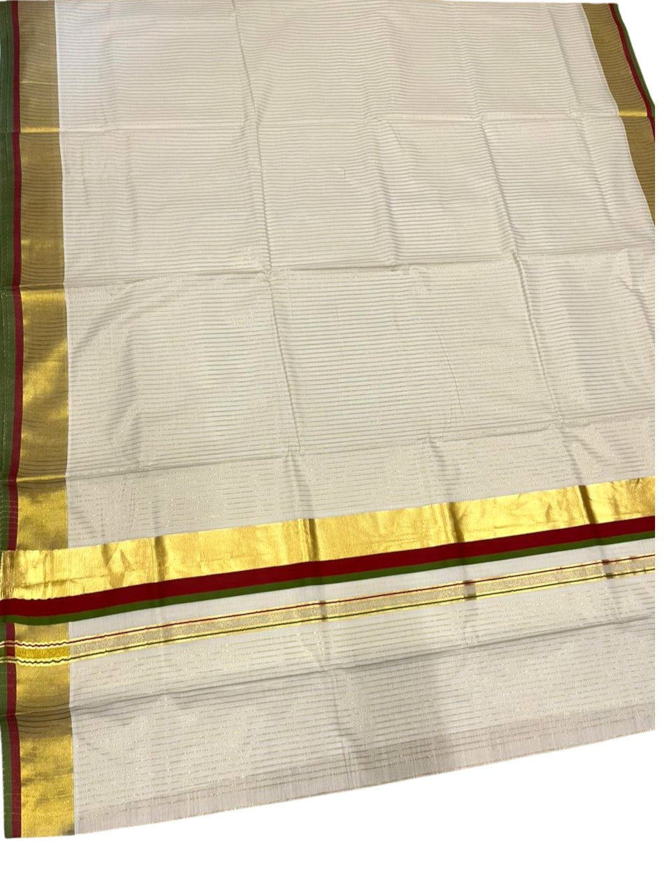 Southloom Kerala Cotton Kasavu Saree with Stripes on Body In Maroon And Olive Green Border