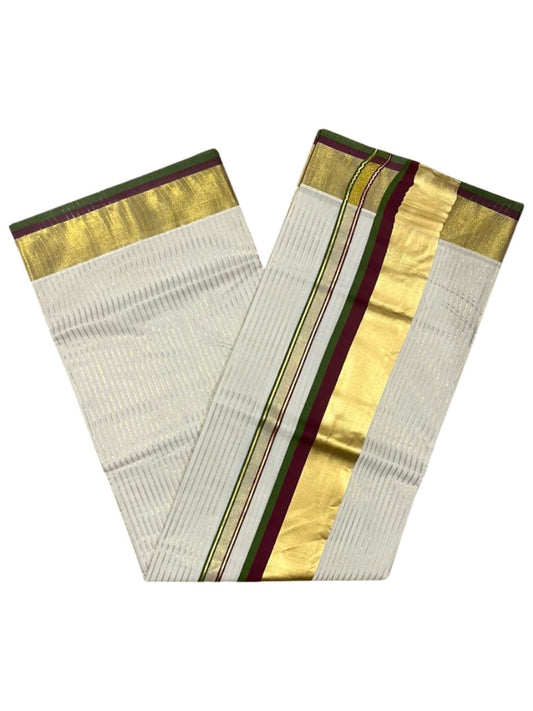 Southloom Kerala Cotton Kasavu Saree with Stripes on Body In Purple And Olive Green Border