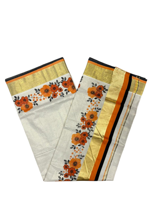 Southloom Kerala Cotton Kasavu Saree with Micro Check And Floral Design on Body In Orange And Black Border SL357