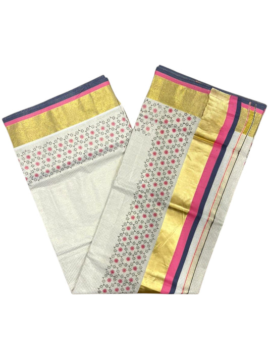 Southloom Kerala Cotton Kasavu Saree with Micro Check And Floral Design on Body In Pink And Grey Border SL357