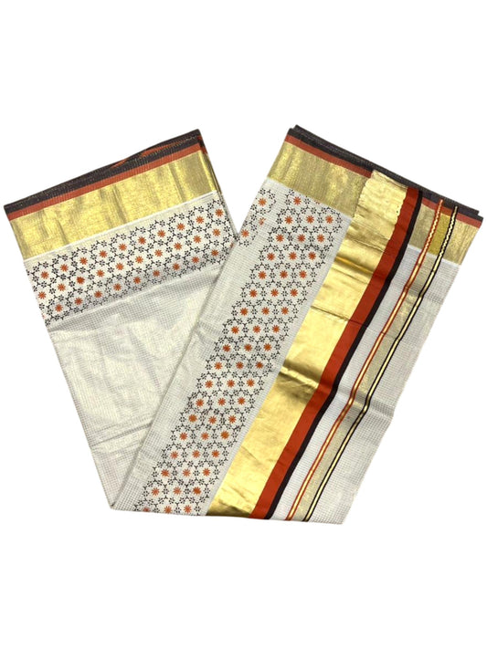Southloom Kerala Cotton Kasavu Saree with Micro Check And Floral Design on Body In Orange And Black Border SL357