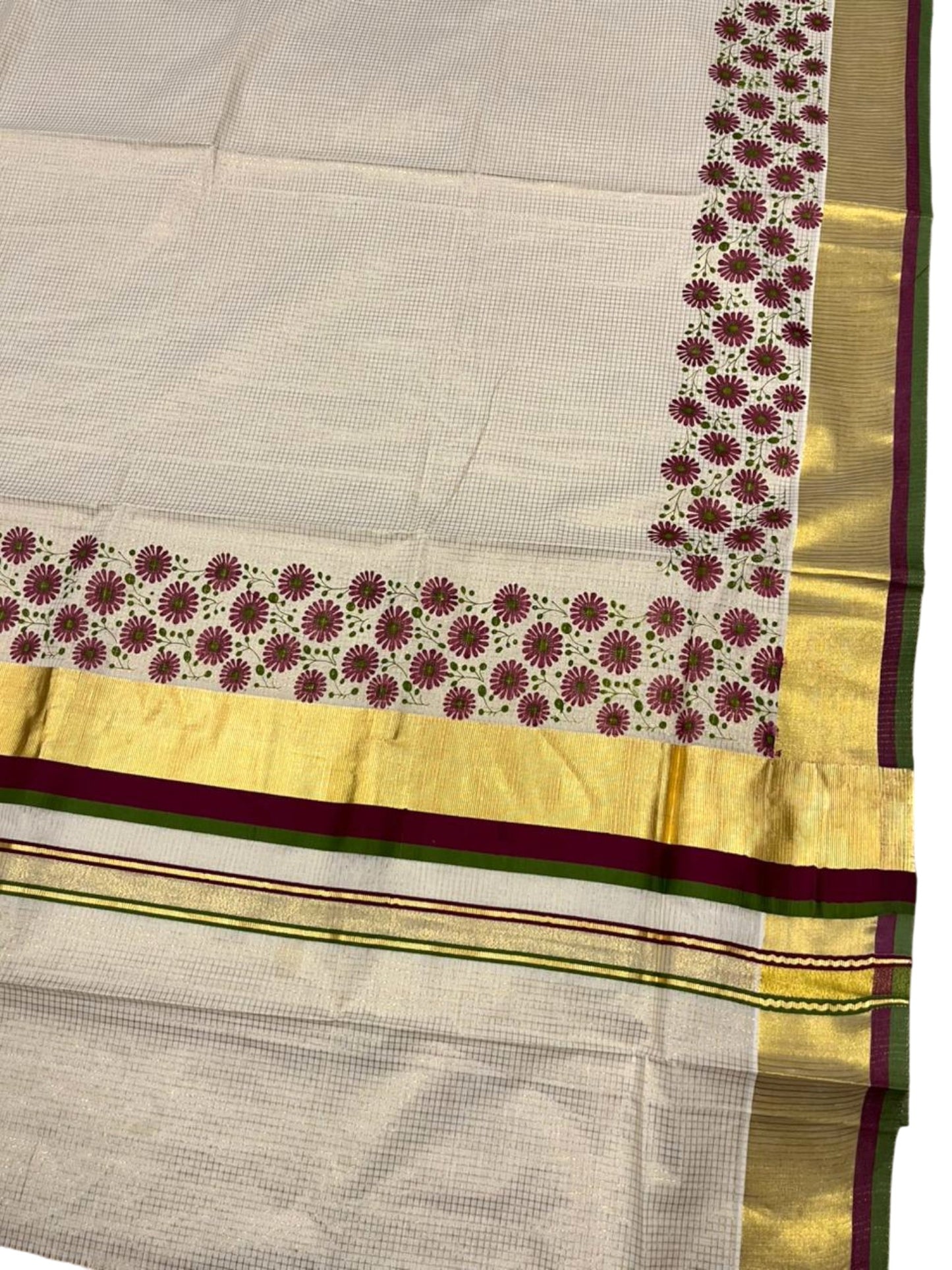 Southloom Kerala Cotton Kasavu Saree with Micro Check And Floral Design on Body In Purple And Olive Green Border SL357