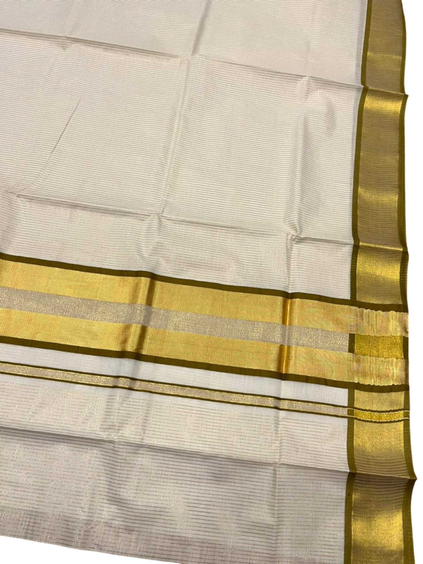 Southloom Kerala Cotton Kasavu Saree with Micro Stripes on Body In Olive Green Border SL361
