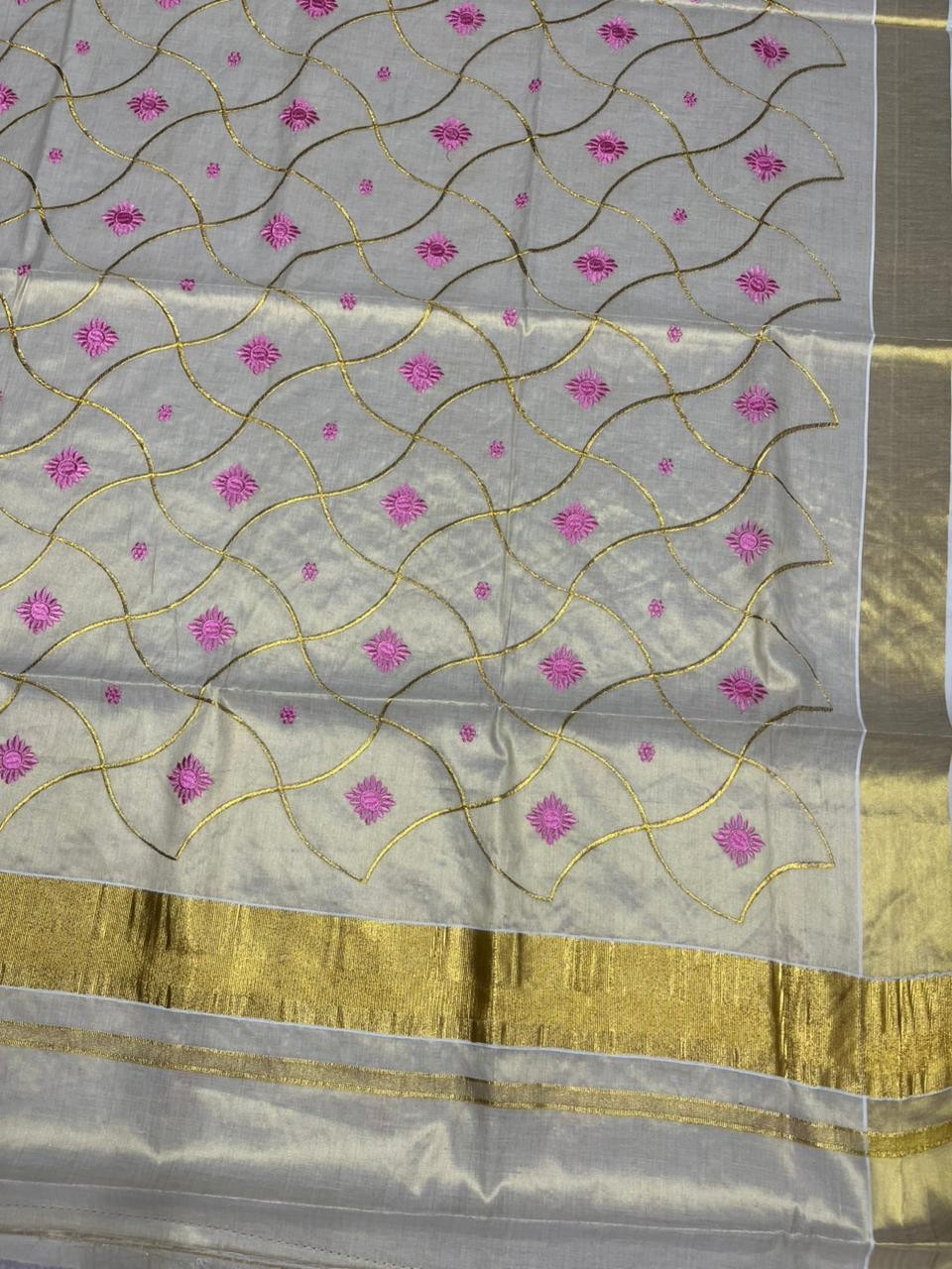 Southloom Tissue Kerala Kasavu Saree with Floral Embroidery Work on Body in Pink