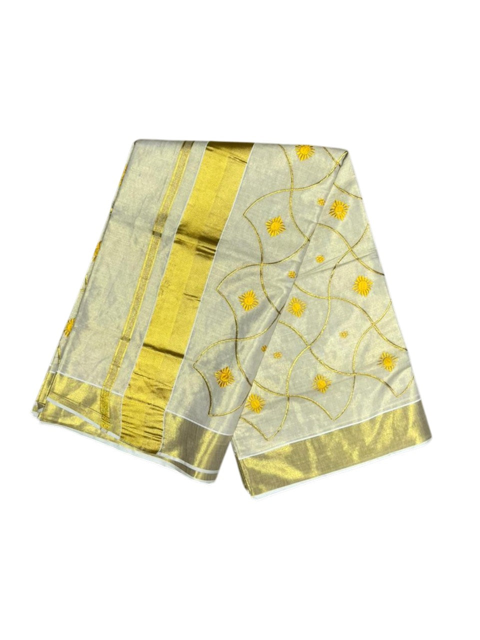 Southloom Tissue Kerala Kasavu Saree with Floral Embroidery Work on Body in Yellow