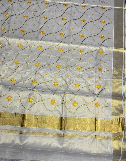 Southloom Tissue Kerala Kasavu Saree with Floral Embroidery Work on Body in Yellow