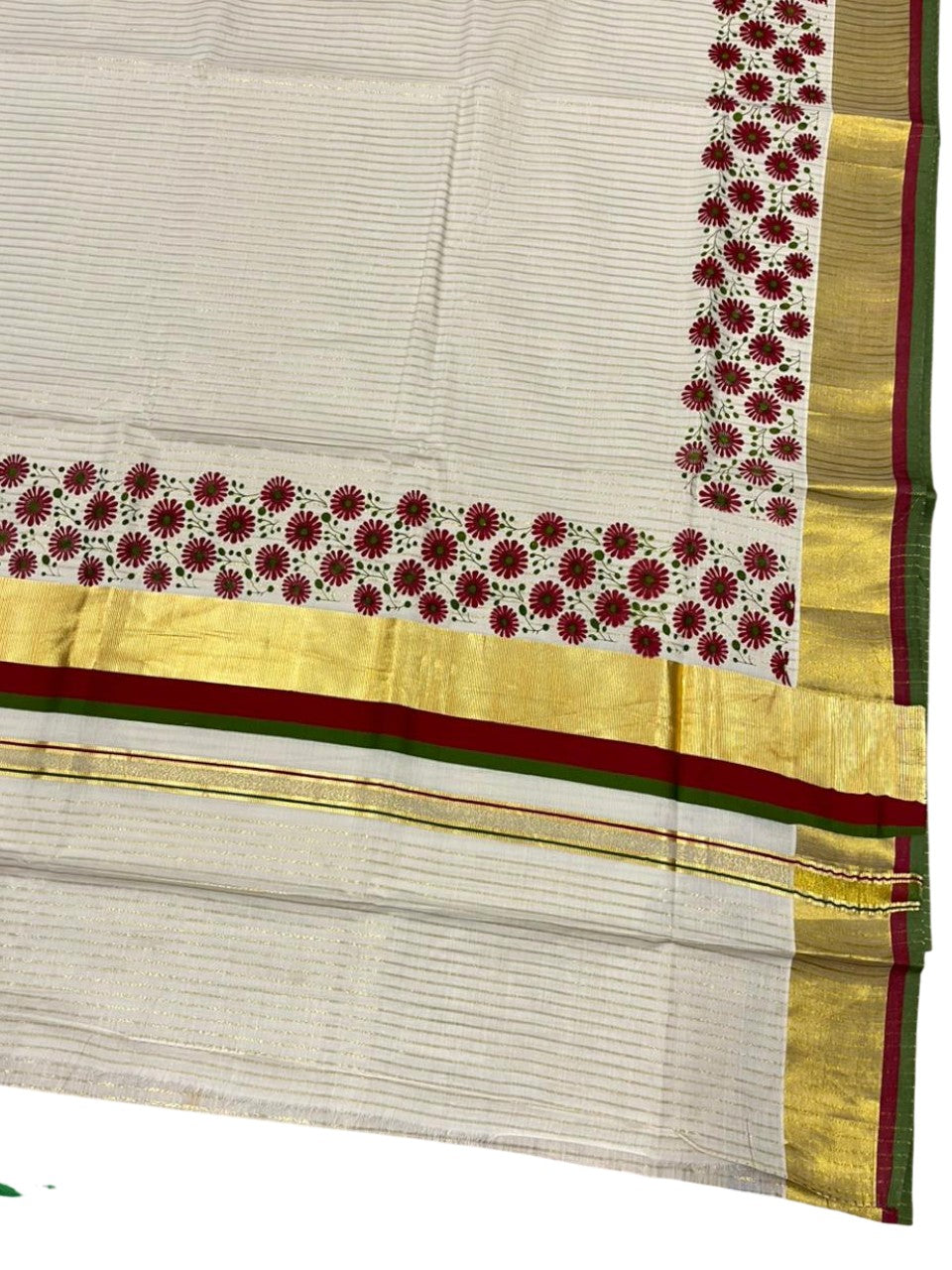 Southloom Kerala Cotton Kasavu Saree with Stripes And Floral Design on Body In Maroon and Olive Green Border SL357