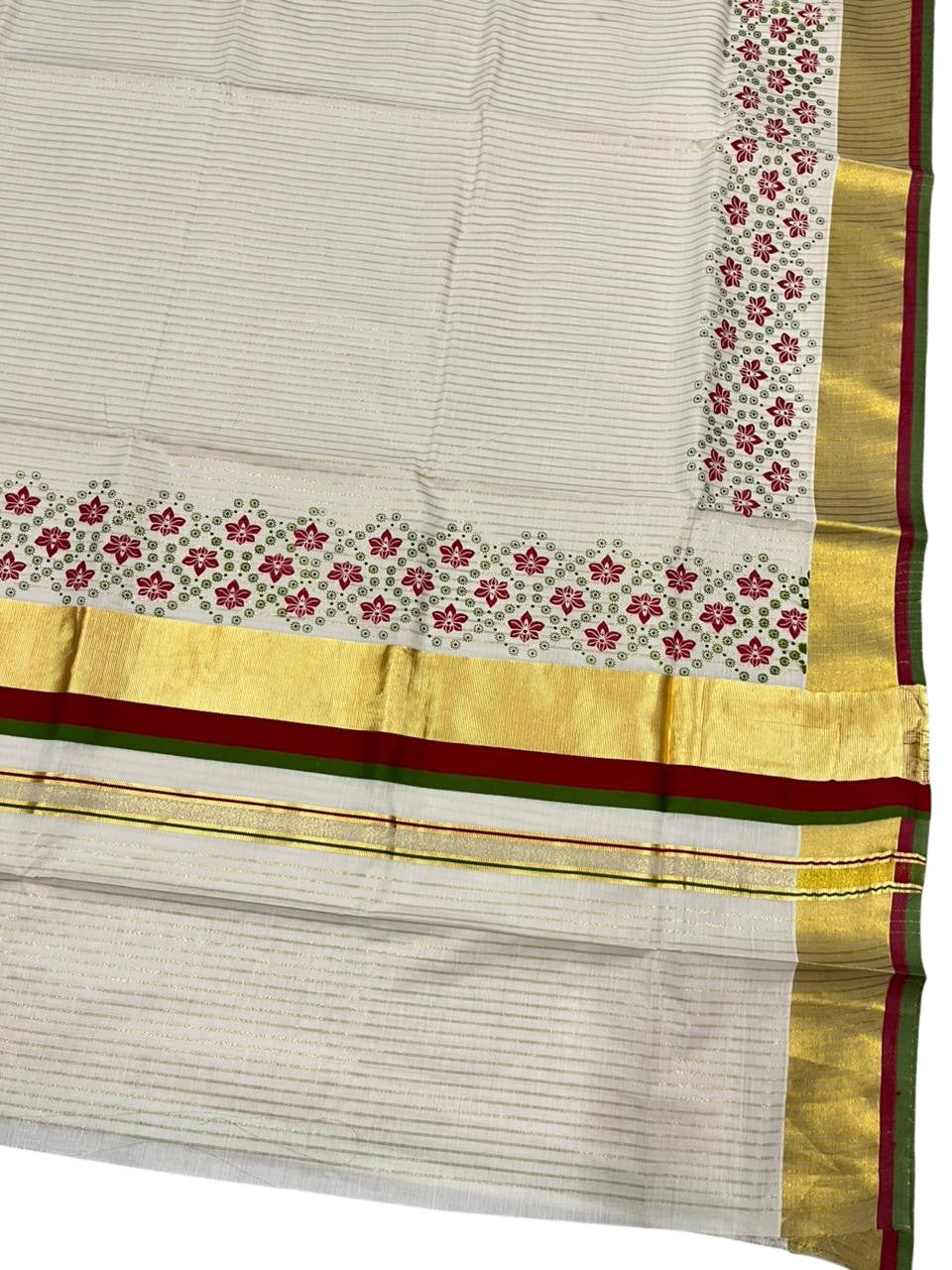 Southloom Kerala Cotton Kasavu Saree with Stripes And Floral Design on Body In Maroon and Olive Green Border SL357