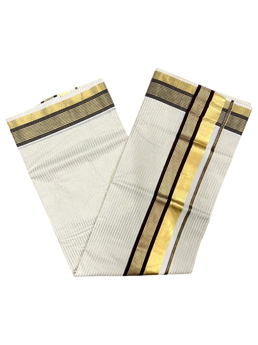 Southloom Kerala Cotton Kasavu Saree with Stripes on Body in Brown Border SL356