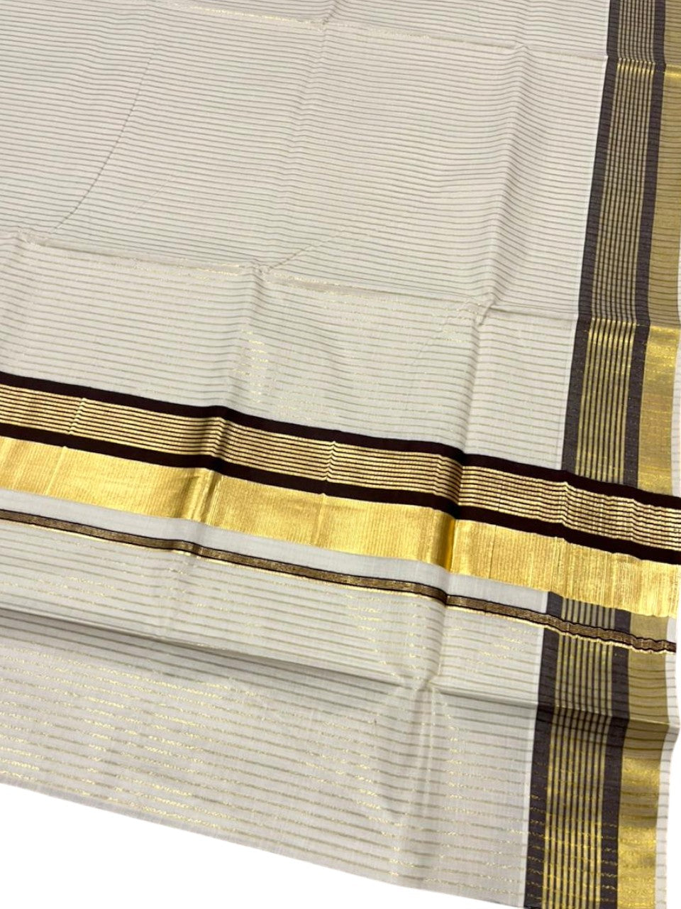 Southloom Kerala Cotton Kasavu Saree with Stripes on Body in Brown Border SL356