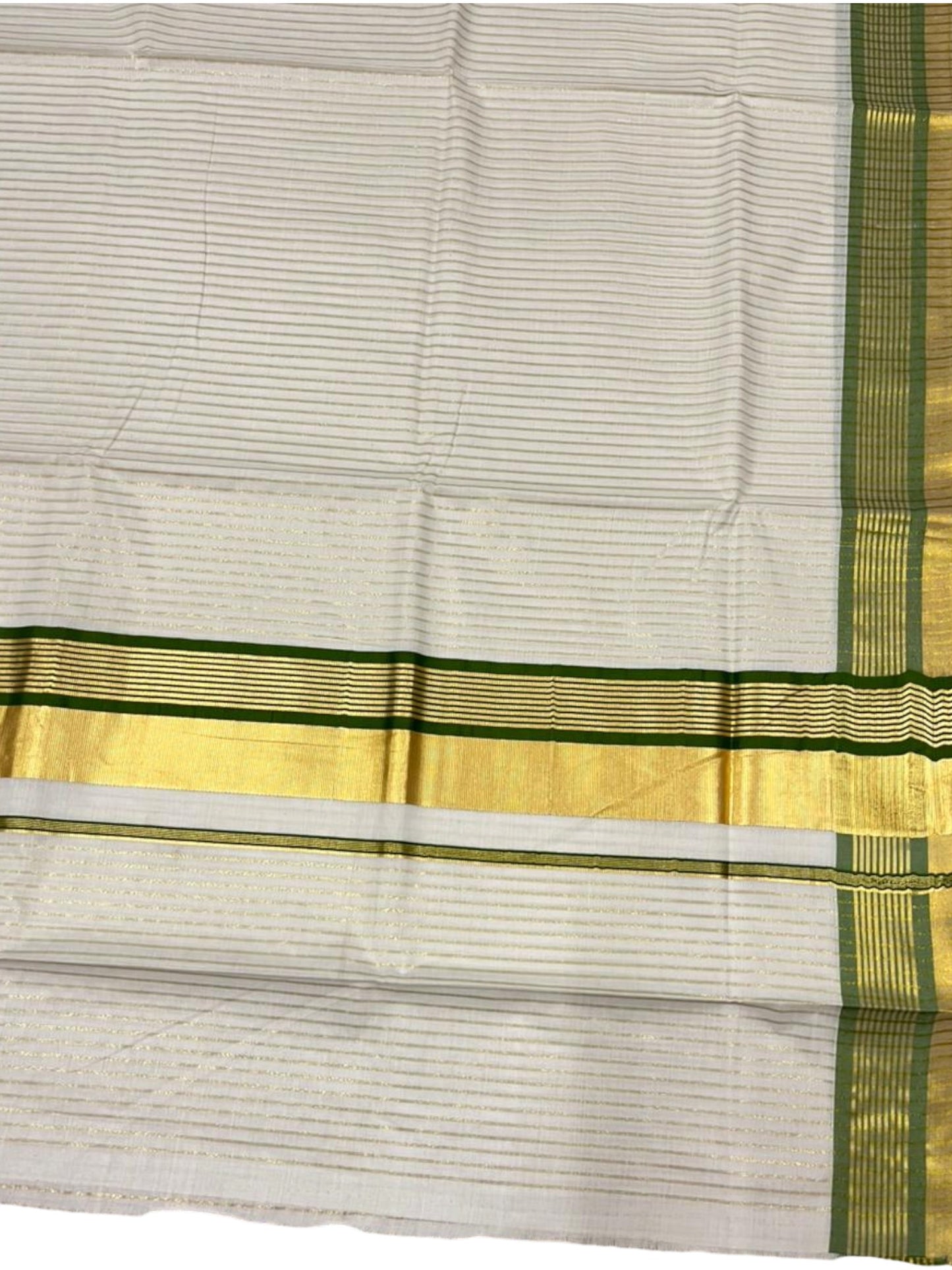 Southloom Kerala Cotton Kasavu Saree with Stripes on Body in Olive Green Border SL356