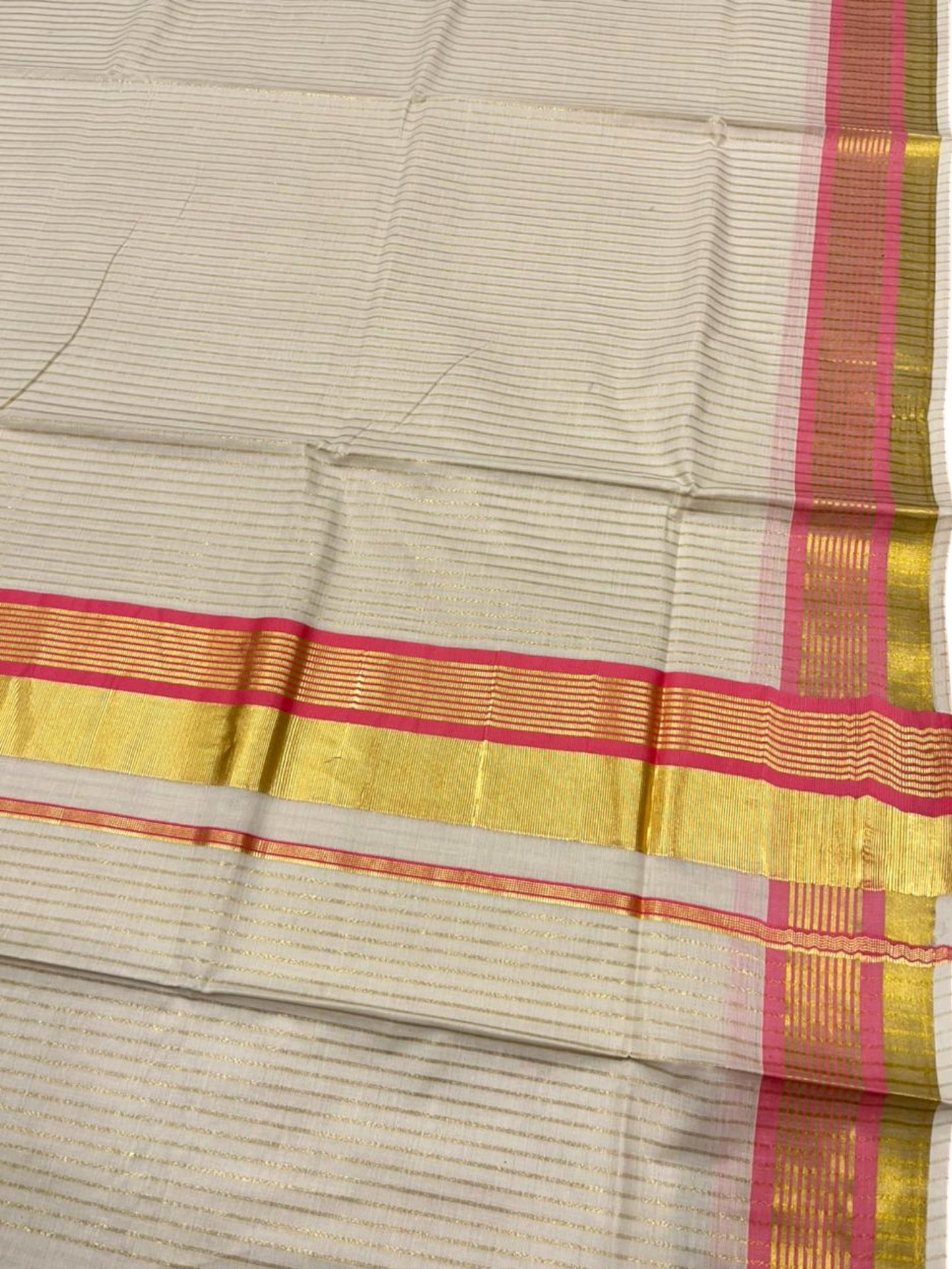 Southloom Kerala Cotton Kasavu Saree with Stripes on Body in Pink Border SL356