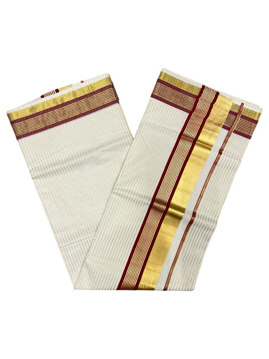 Southloom Kerala Cotton Kasavu Saree with Stripes on Body in Maroon Border SL356