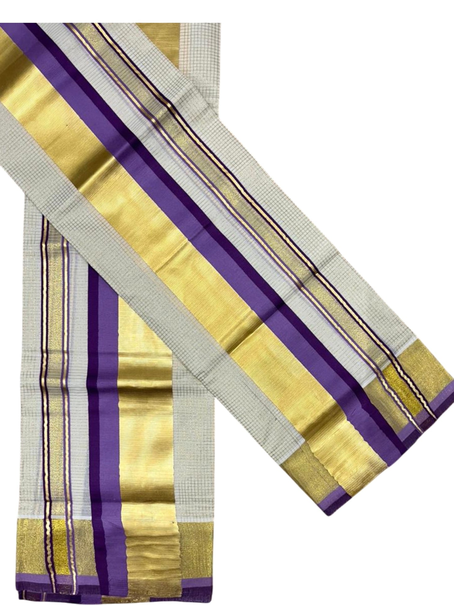 Southloom Pure Cotton Set Mundu with Gold Kasavu Micro Check Across Body in Violet and Lavender SL348
