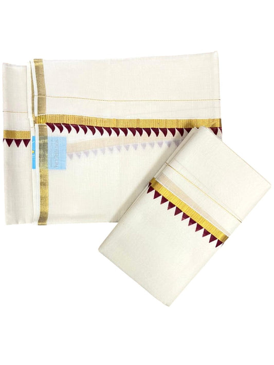 Southloom Pure Cotton Kerala Single Set Mundu (Mundum Neriyathum) with Temple Design in Maroon 2.80 Mtrs SL352