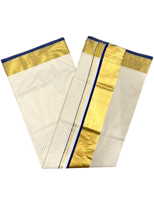 Southloom Kerala Cotton Kasavu Saree with Stripes on Body In Blue Border SL351