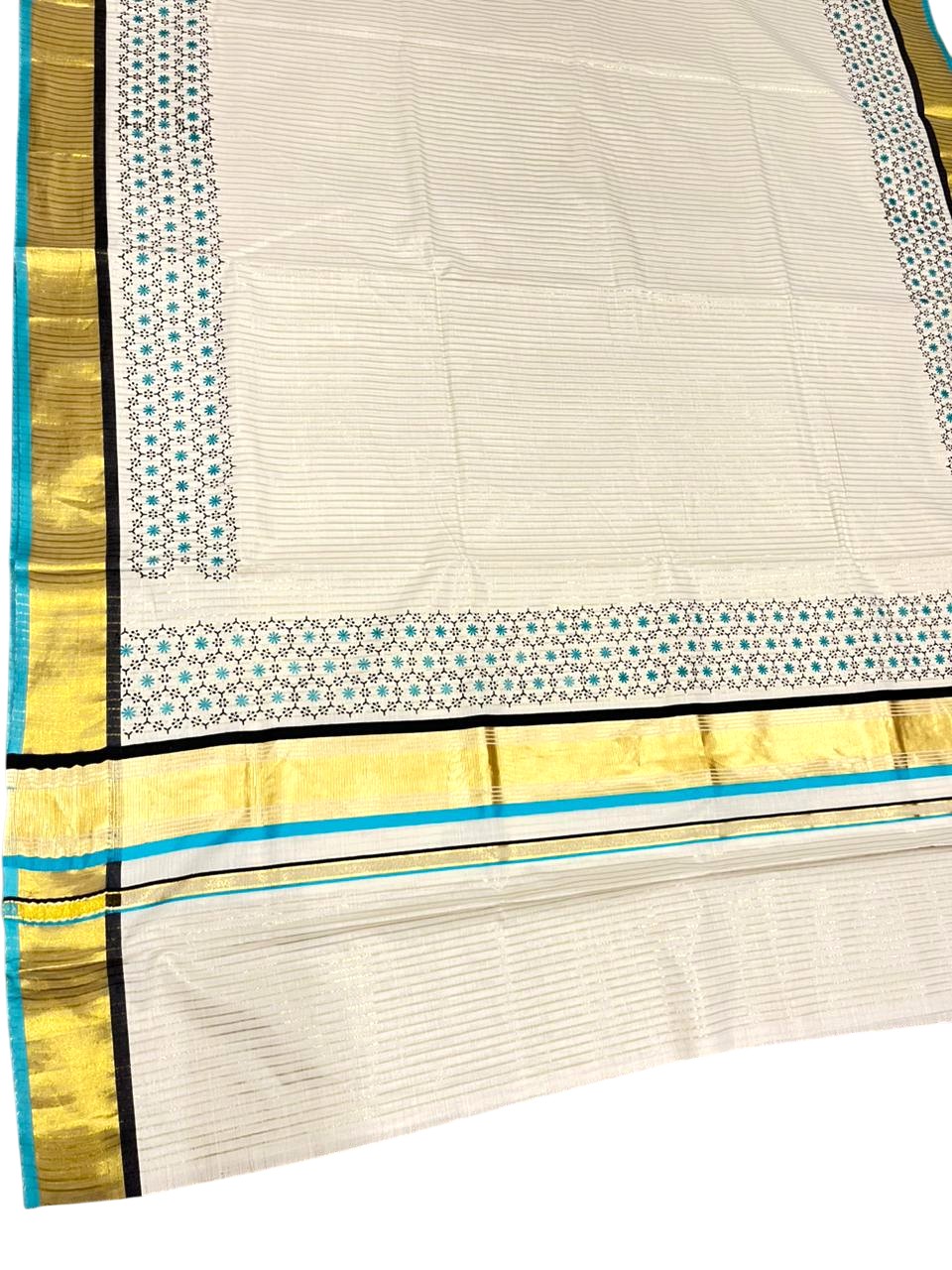 Southloom Kerala Cotton Kasavu Saree with Stripes And Floral Design on Body In Turqouise Border SL357