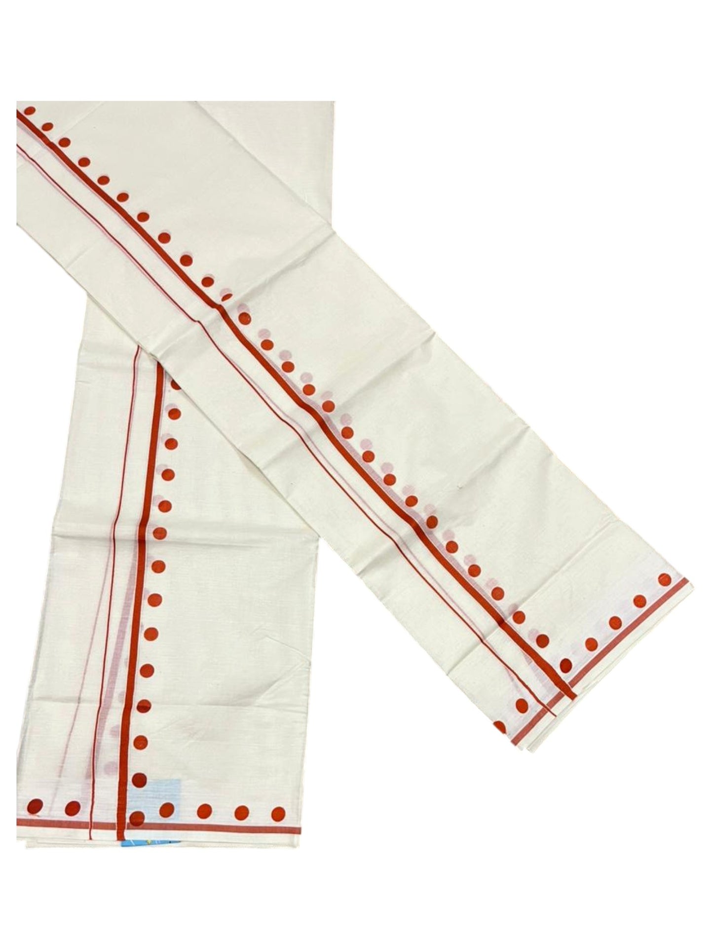 Southloom Pure Cotton Kerala Single Set Mundu (Mundum Neriyathum) with Polka Dots in Orange 2.80 Mtrs SL358