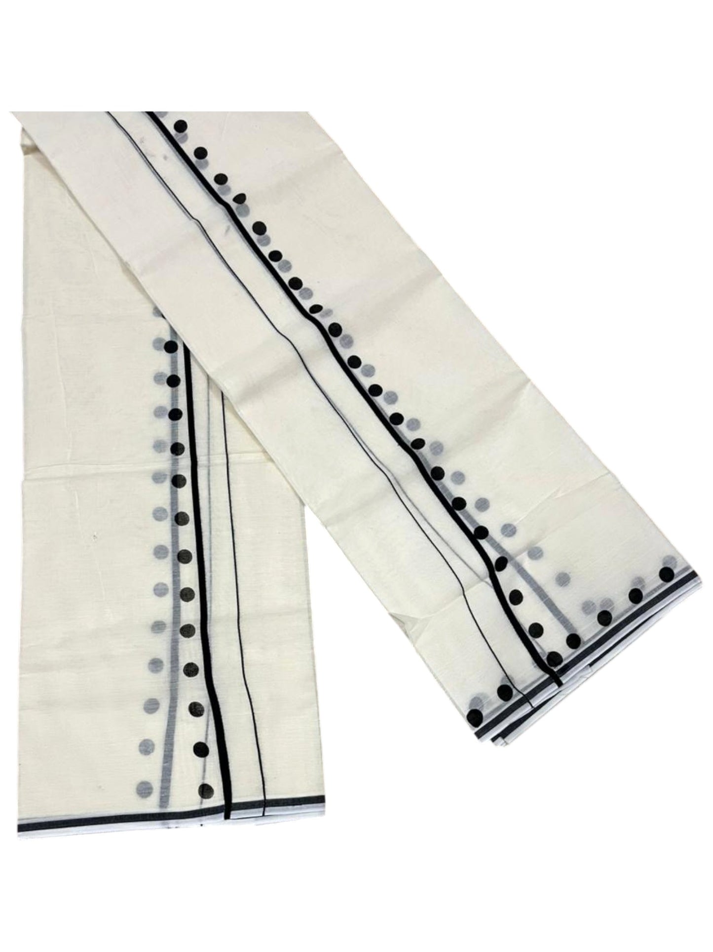 Southloom Pure Cotton Kerala Single Set Mundu (Mundum Neriyathum) with Polka Dots in Black 2.80 Mtrs SL358