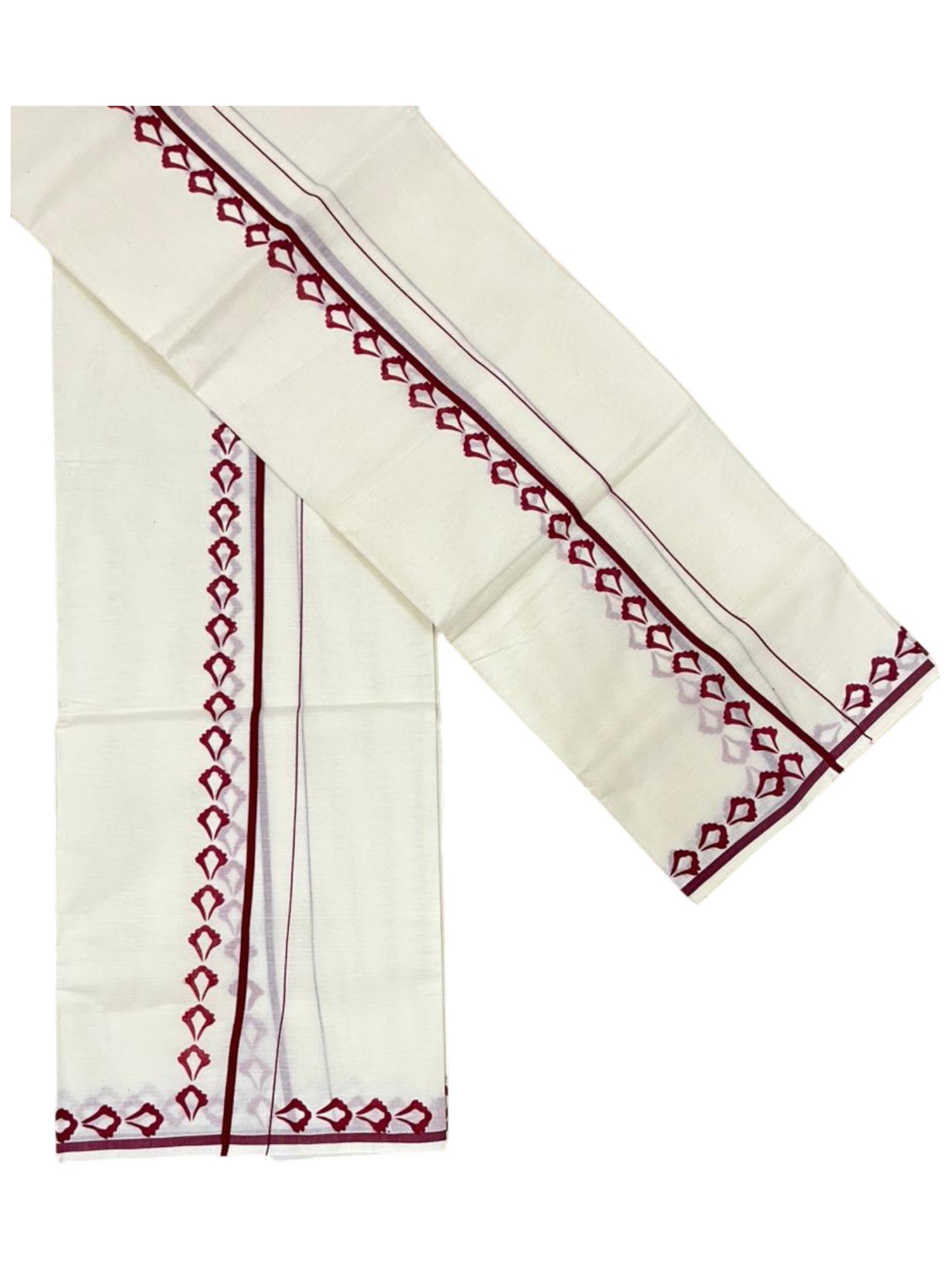 Southloom Pure Cotton Kerala Single Set Mundu (Mundum Neriyathum) with Digital Prints in Maroon 2.80 Mtrs