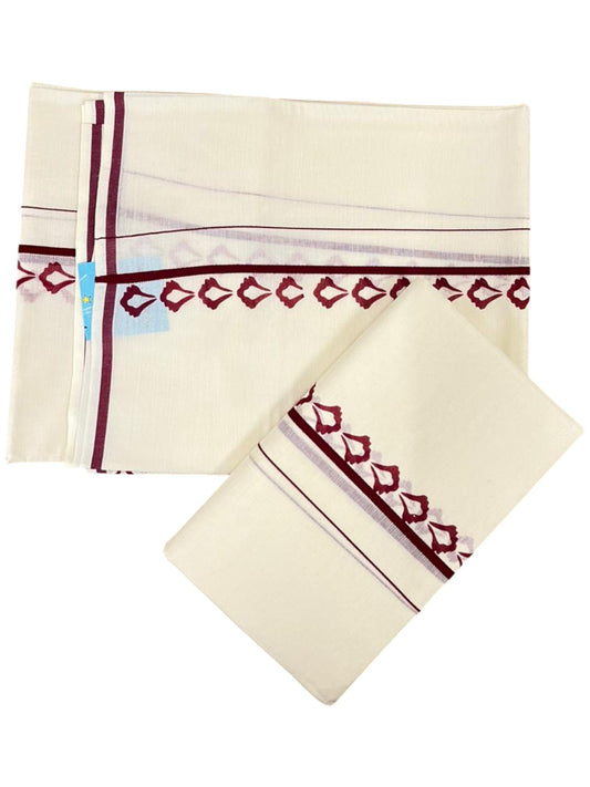 Southloom Pure Cotton Kerala Single Set Mundu (Mundum Neriyathum) with Digital Prints in Maroon 2.80 Mtrs