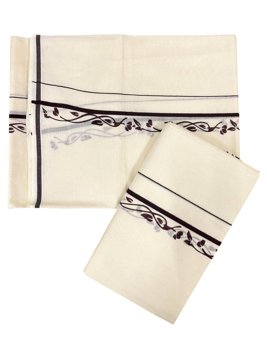 Southloom Pure Cotton Kerala Single Set Mundu (Mundum Neriyathum) with Digital Prints in Brown 2.80 Mtrs SL359