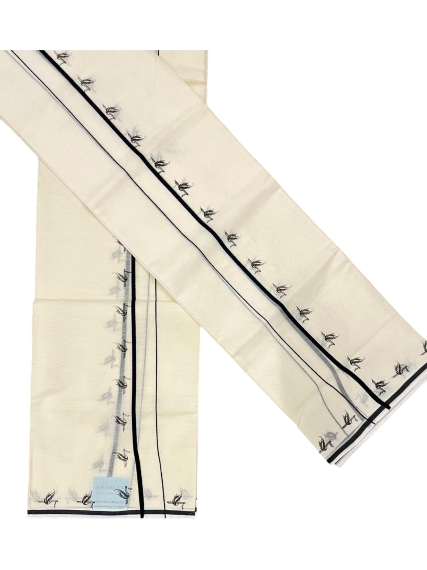 Southloom Pure Cotton Kerala Single Set Mundu (Mundum Neriyathum) with Digital Prints in Black 2.80 Mtrs SL359